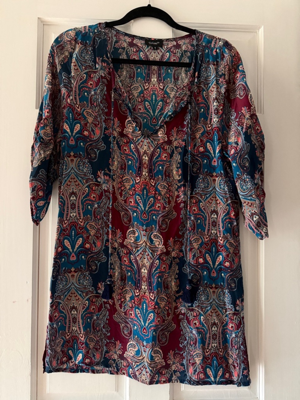 Tolani Paisley V-Neck Tunic in Burgundy, Teal and Navy